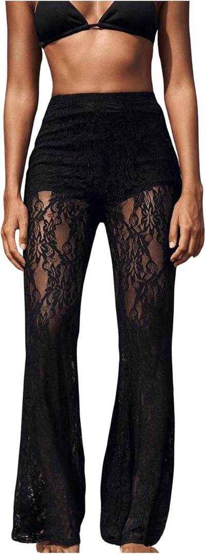 RoseSeek Women's Floral Lace Sheer Mesh Flare Pants Elastic High Waisted Long Trousers (Black, L)