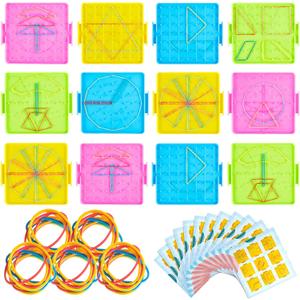 Deekin 12 Pcs Double Sided Geoboard Mathematical Kids Geoboards with Rubber Bands Math Manipulatives Toy for Geometry, 6.9 x 6.3 Inches Classroom Back to School