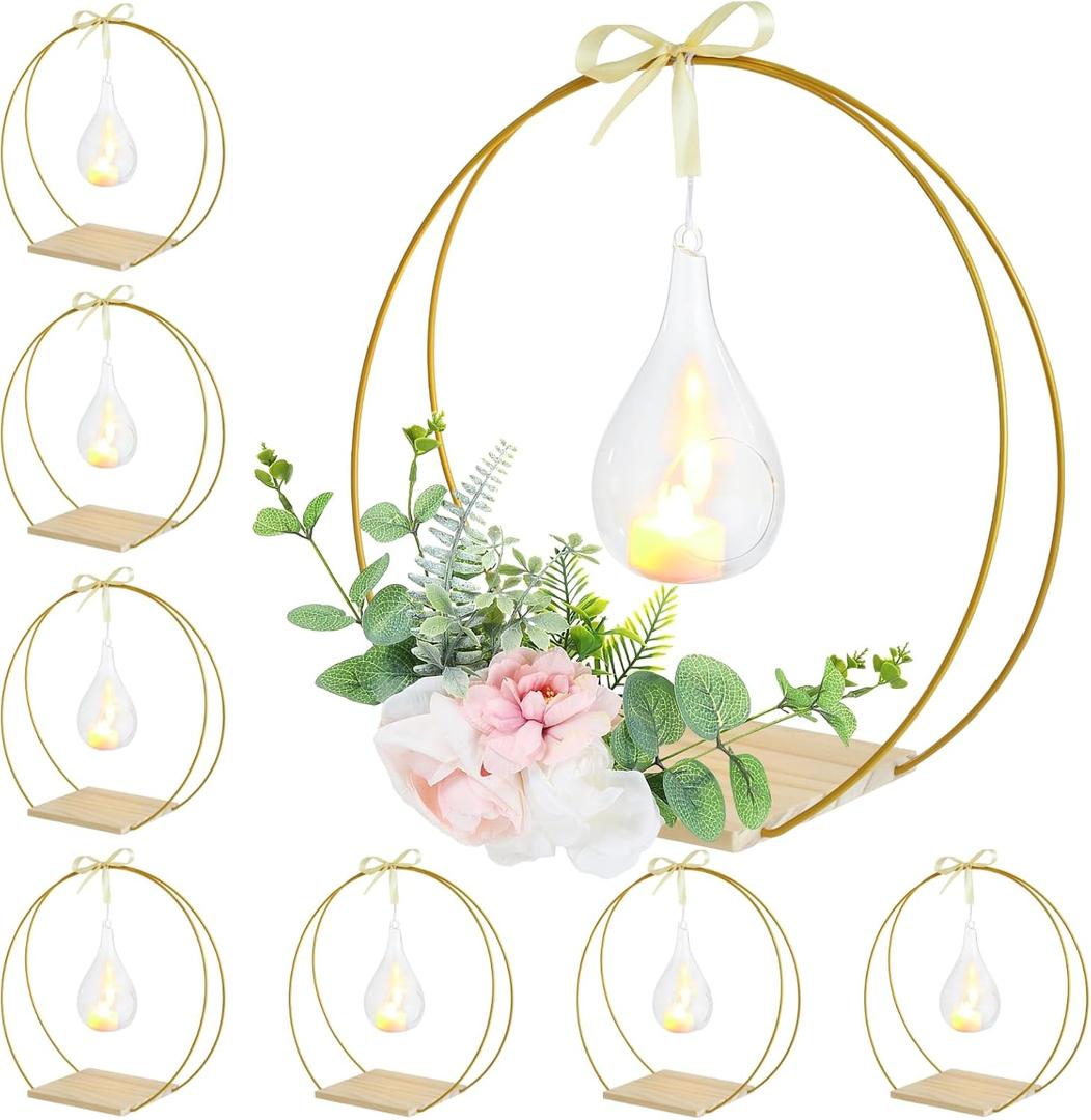 8 Pack 12 Inch Double Floral Hoop Centerpiece with Candle Lights, Metal Floral Hoop Table Centerpiece with Stand, Gold Metal Floral Hoops Table Centerpiece Decoration for Wedding Party (Set of 8)