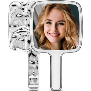 Handheld Mirror, Water Ripples Hand Mirror with Handle for Make up, Square, Silver, Small (4 x 7 inches)