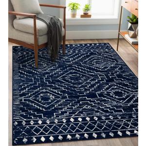 Wonnitar Moroccan Washable Area Rug 4x6, Blue Rugs for Living Room, Non-Slip Boho Bedroom Throw Mat, Non-Shedding Large Geometric Low Pile Floor Carpet for Home Office Mudroom Kitchen (Blue,4'x6')