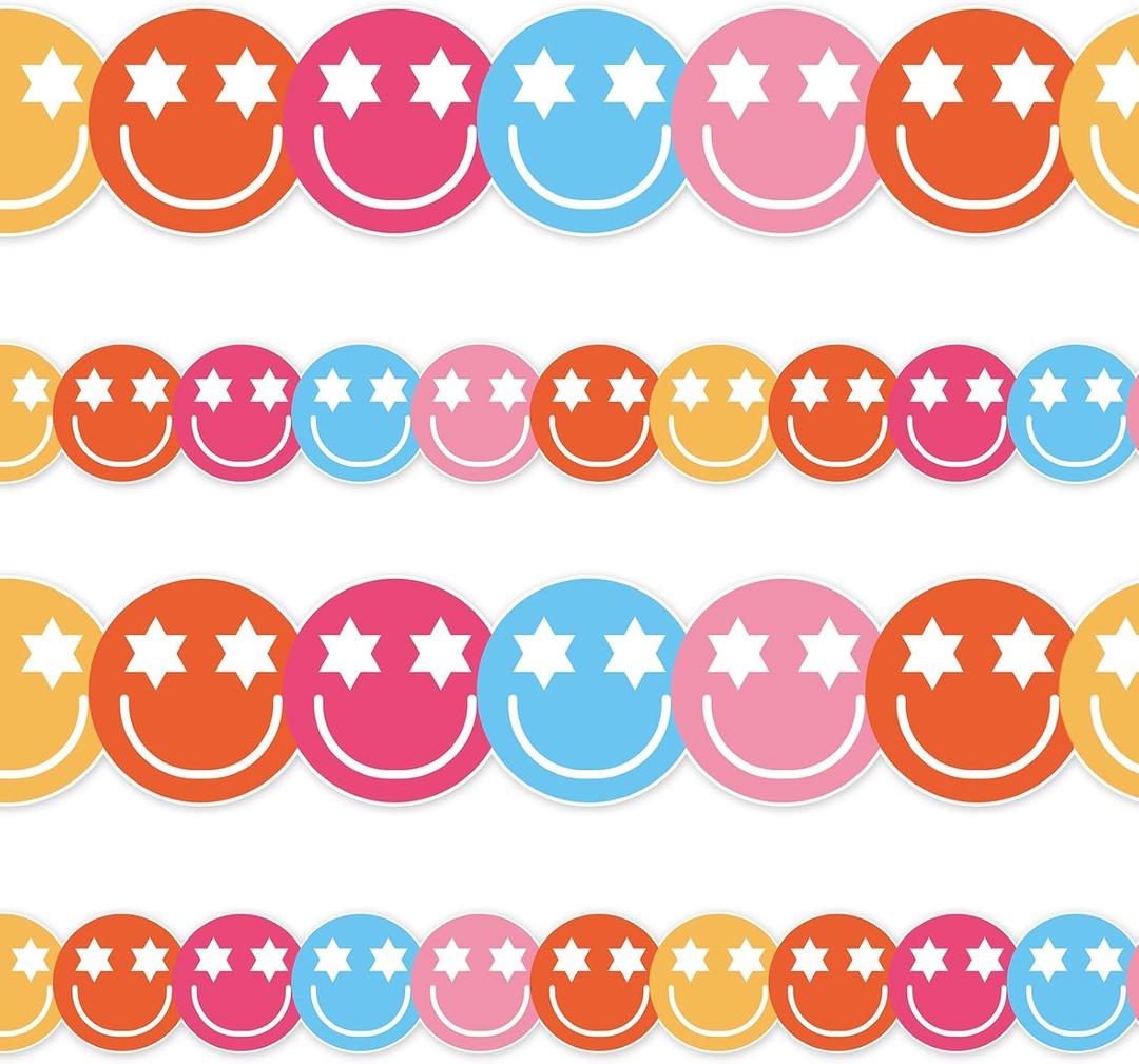 2 x 32.8Ft Groovy Happy Face Bulletin Board Border Colorful Smile Face Die Cut Trim Border Roll for Back to School Classroom Chalkboard Wall Decor