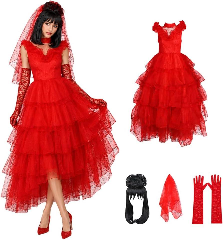 4PCS Ghost Bride Costume Women Red Gothic Wedding Dress, Large