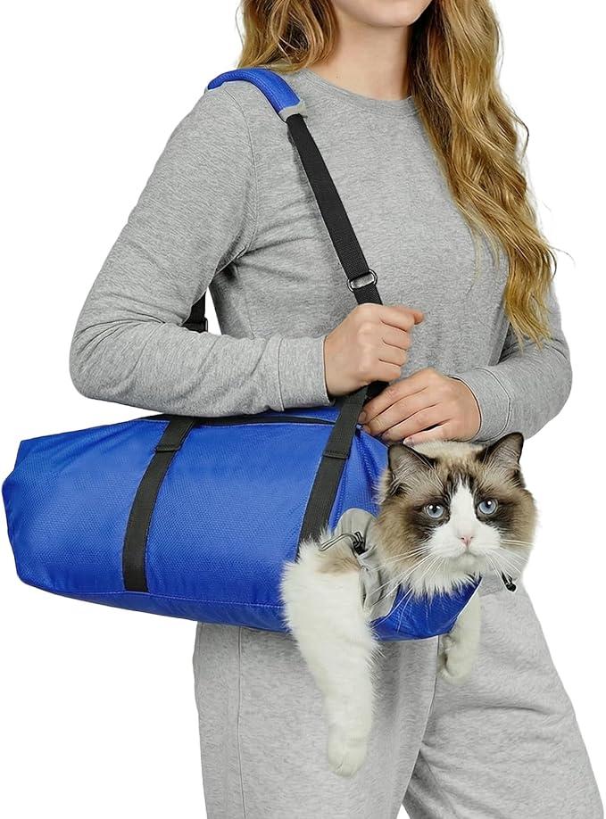 Cat Carrier Pouch, Soft Cat Grooming Restraint Bag for Vet Visits, Nail Trimming & Medication, Comfortable Cats Carry Bag with Bottom Support for Car Travel, Grey,Small