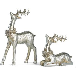 2PCS Christmas Deer Pendant Bedding and Standing Gold Deer Resin Home Decoration Suitable for Fireplace Living Room Dining Table Christmas Decoration (Silvery)