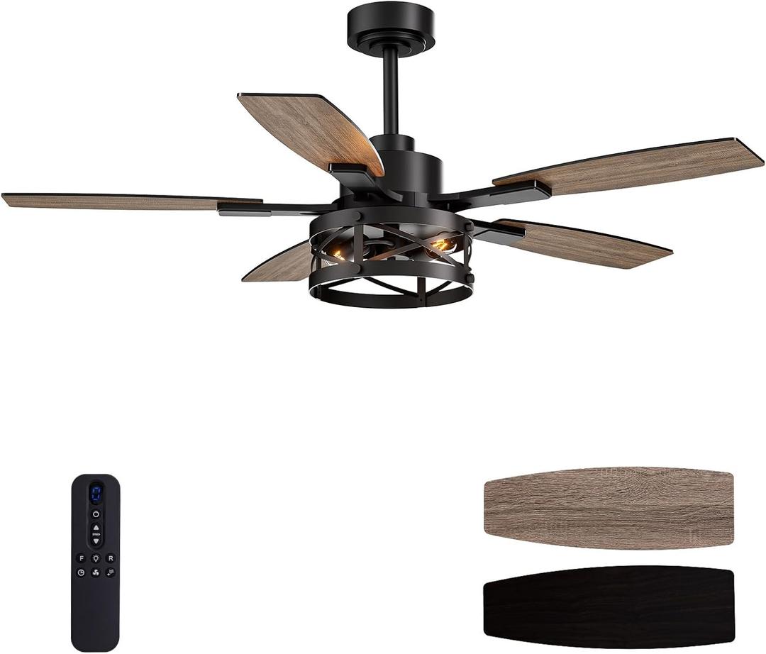 50 Inch Ceiling Fans with Lights and Remote & APP Control, Farmhouse Ceiling Fan with LED Lighting for Bedroom Living Room and Patio, Black Caged Ceiling Fan for Indoor and Outdoor (NO BULBS）