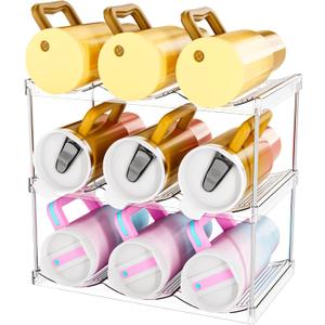 Stackable Water Bottle Organizer for Cabinet, 3 Pack Water Bottle Holder for Stanley Yeti 40 oz Bottle Shelf, Clear Tumbler Storage Organizer, Wine Rack, Cup Organizer for Kitchen Cabinets Counter Pantry