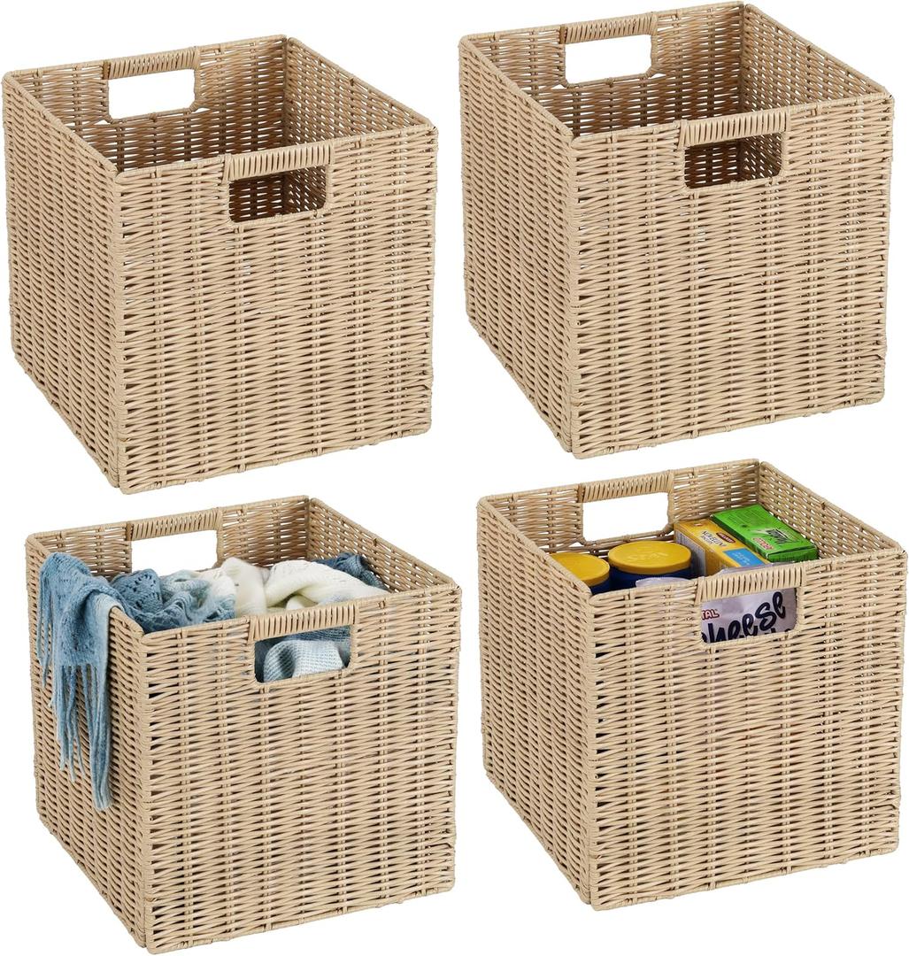 TAIMEI&G02 12x12x12inch Plastic Wicker Cube Baskets Large Square Foldable Handwoven Laundry Organizer Set of 4, Beige