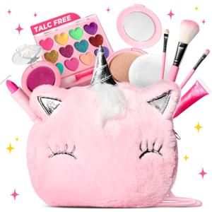 ULOVEME Mica-Based Kids Makeup, Talc Free Real Makeup Kit for Girls with Fluffy Purse - Hypoallergenic Makeup for Sensitive Skin Kids - Non Toxic & Washable - Gift for 5 -8 Years Old Girls Birthday