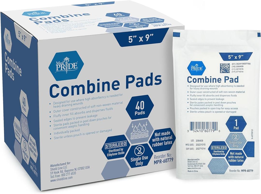 MED PRIDE Sterile Abdominal- ABD Combine Pads| 40-Pack, 5 x 9 Inches| Extra Absorbent & Thick, Individually Wrapped Wound Dressing, First Aid Pads| Surgical-Grade, Nonstick- for Heavy Leakage, Post Op