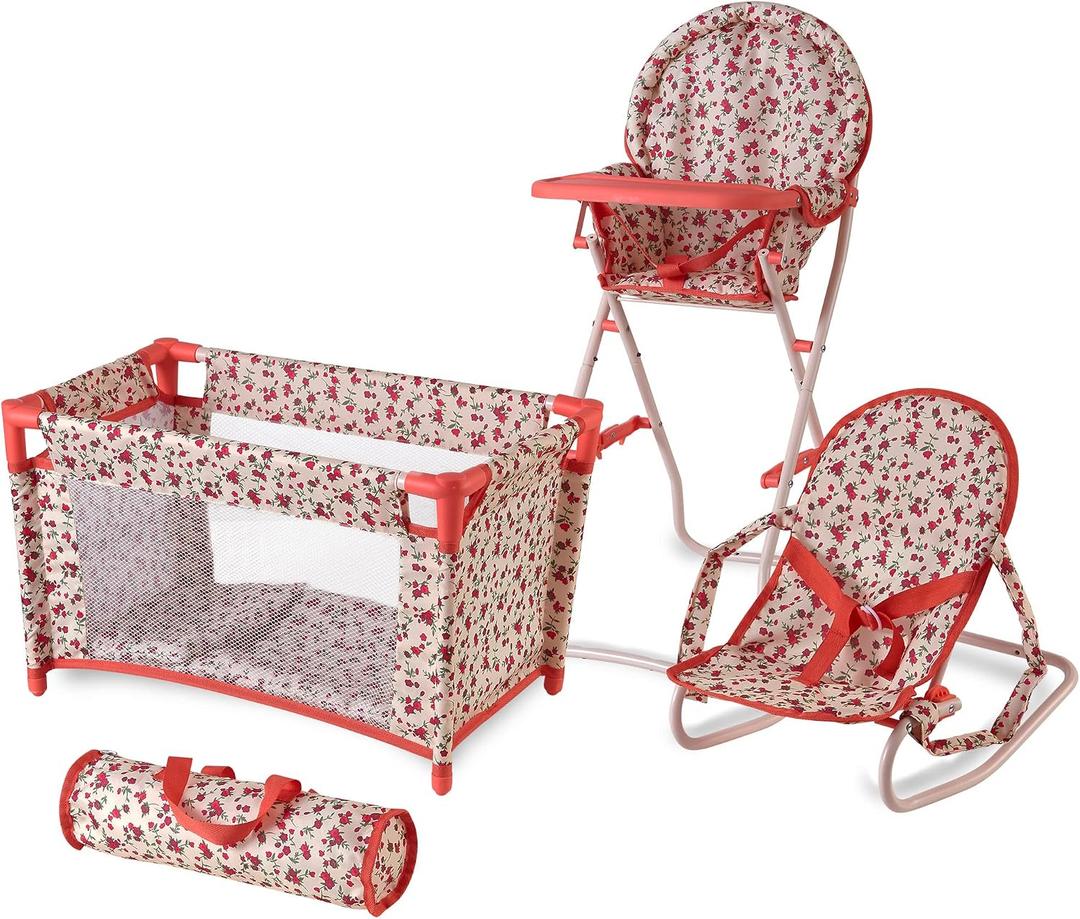 Floral Baby Doll Accessories Set, 3-1 Baby Doll Crib, Baby Doll High Chair & Bouncer Seat. 18 inch Doll Accessories with Doll Bed. 18" Dolls Furniture Play Stuff. Toys for Girls Ages 3-5,4-6,5-7,8-10