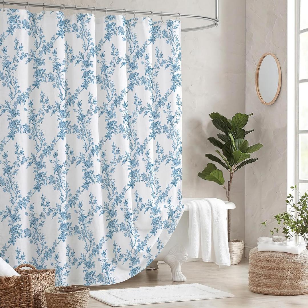 Blue Floral Shower Curtain, Cotton Linen Cottage core Shower Curtains for Bathroom (72"W x 72"L (Pack of 1))