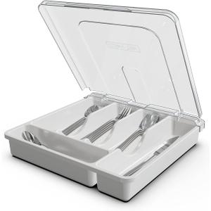 Silverware Organizer with Cover, Portable Cutlery Holder Flatware Tray with Lid Plastic Silverware Storage Box Airtight Black Cutlery Tray with Lid (White)