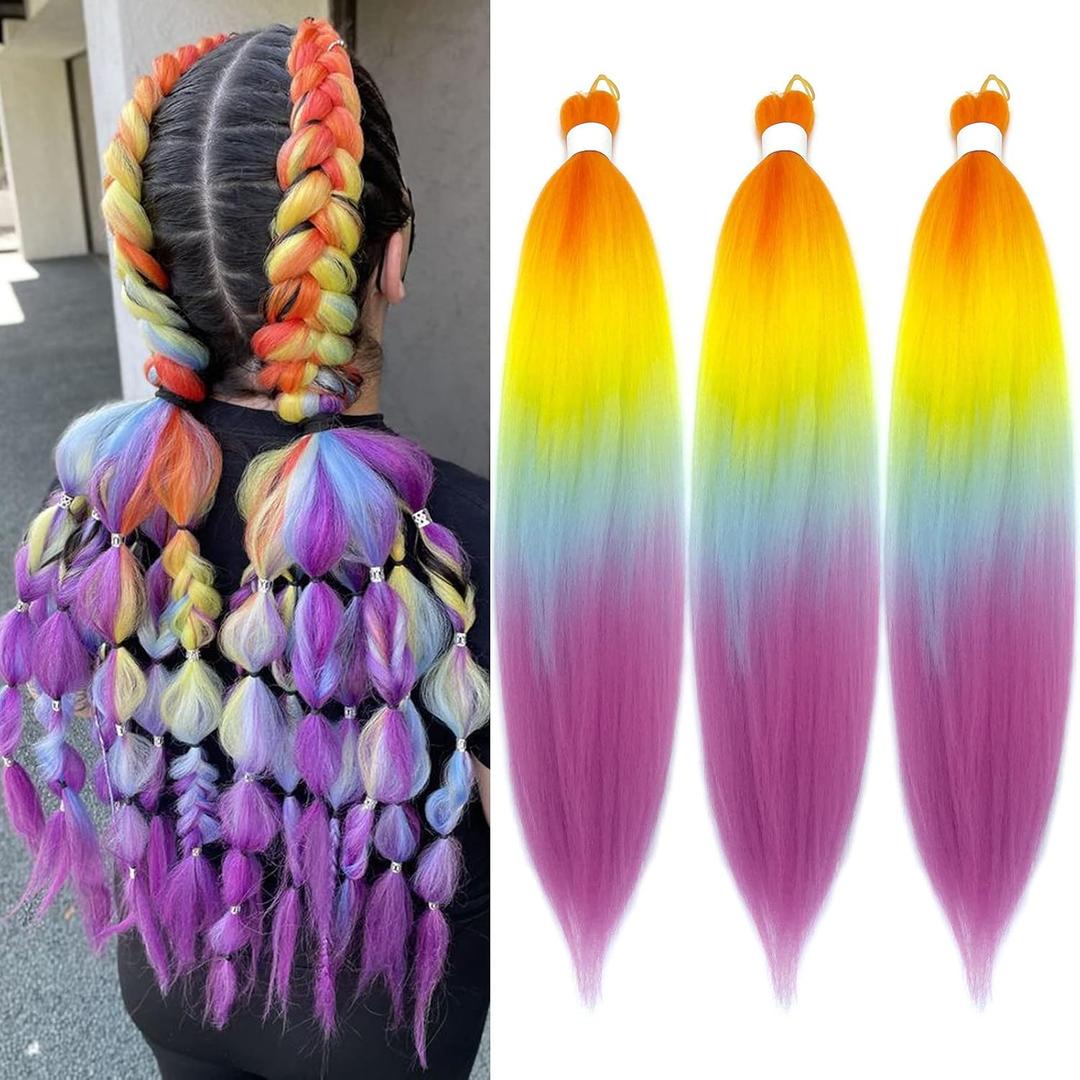 Colorful Rainbow Ombre Braiding Hair Pre Stretched Kanekalo Braiding Hair Extensions for Braiding Box Braids Micro Crochet Long Jumbo Knotless Kids Prestressed Braiding Hair Ombre 24 inch