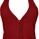 Fallorchid Womens Sleeveless Tank Tops Sexy Y2k Halter V Neck Ribbed Kint Crop Top (Red, XL)