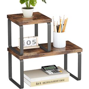 Homeiju Wooden Desktop Organizer Shelf, 2-Tier Adjustable Freestanding Bookshelf Desk Shelf, Stackable Desk Organizer for Office, Dorm, Bedroom, Space Saving, Easy Assembly, Rustic Brown (1 Pack)