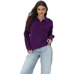 Women's Polo Sweater V Neck Long Sleeve, Pullover Knit Sweaters for Women Lapel Collar (XL)