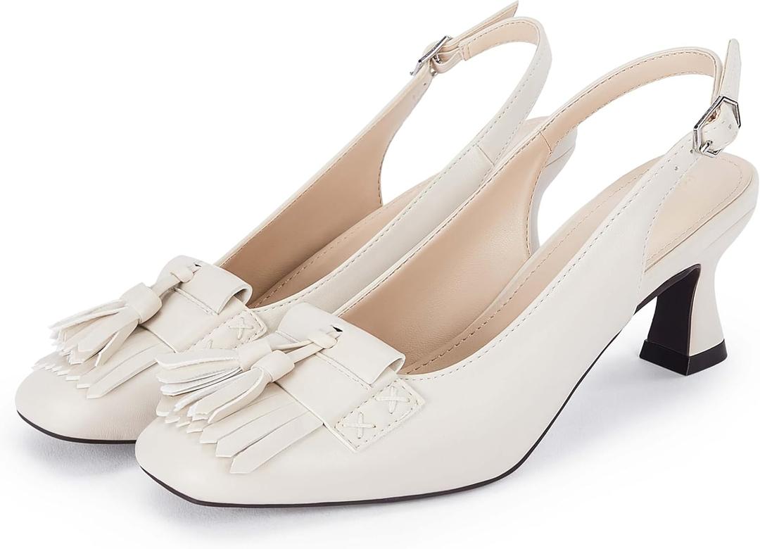Coutgo Womens Slingback Kitten Heels Pumps Closed Square Toe Sexy Low Heel Tassels Party Wedding Dress Shoes (White)