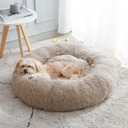 Calming Dog Bed & Cat Bed, Anti-Anxiety Donut Cuddler Warming Cozy Soft Round Bed, Fluffy Faux Fur Plush Cushion bed for Small Medium Dogs and Cats (24.0"L x 24.0"W x 8.0"Th, Brown)