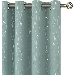 BGment Room Darkening Curtains 84 Inches Long, Grommet Thermal Insulated Blackout Curtains with Wave Line and Dots Printed for Bedroom, 2 Panels, Each 52 x 84 Inch, Frosty Green