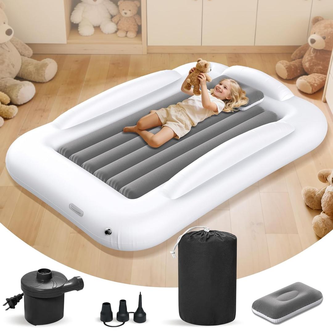 Inflatable Kids Travel Bed - Portable Comfortable Air Mattress with 3 Sides Safety Bumpers - Blow Up Bed for Camping & Travel (53 Inches)