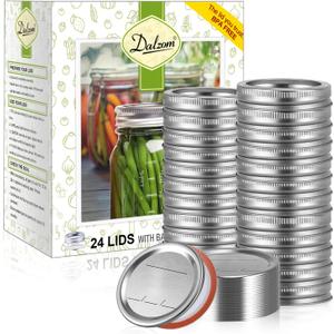 Dalzom 24Pcs Canning Lids with 24Pcs Rings Regular Mouth, Premium Mason Jar Lids with Bands/Rings for Ball, Kerr Jars - Food Grade Material, 100% Fit & Airtight for Regular Mouth Mason Jars