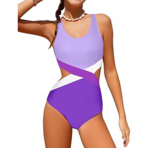 Girls Swimsuit One Piece Cutout Bathing Suit for Girls Cute Swimwear Color Block Beach Padded (13-14 Years, Purple)