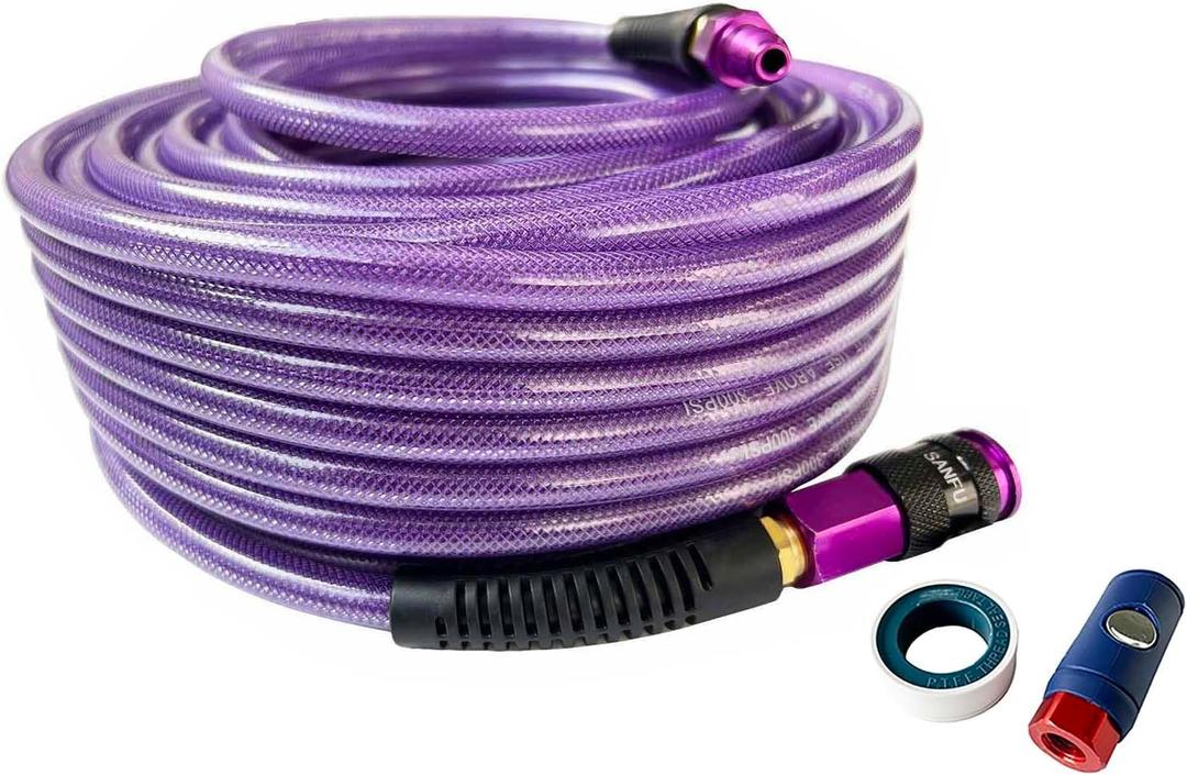 SANFU Polyurethane(PU) Air Hose 1/4-Inch x 100ft Reinforced, lightweight, Flexible, 300PSI With 1/4 Swivel Aluminum Universal 3IN1 Coupler and Plug, 1PCS Safety Coupler, Bend Restrictor