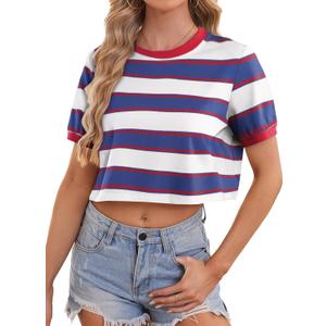 LilyCoco Womens Striped T Shirt Cotton Crop Short Sleeve Crew Neck Summer Tshirts Blue and White Medium (M)