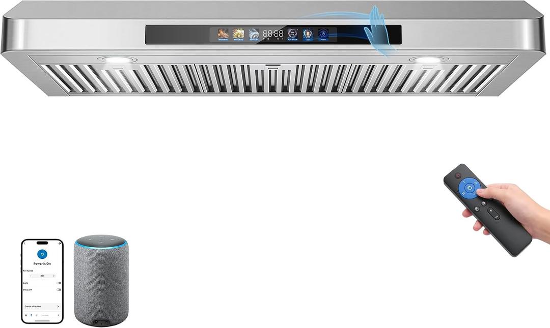 Tieasy 42 Inch Under Cabinet Range Hood, 900 CFM Smart Kitchen Vent Hood with Voice/Gesture/Remote/Touch Control, Dual Motor Stove Hood with 4-Speed, LED Lights, Works with SmartLife, Google & Alexa