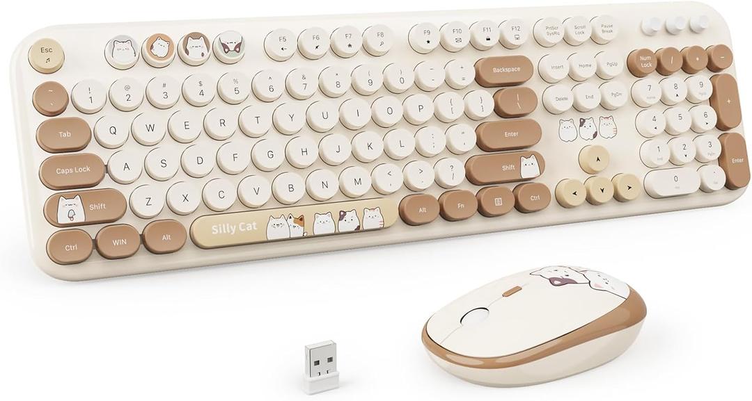 Wireless Keyboard and Mouse Combo, 2.4GHZ Typewriter Retro Full Size Keyboards, Cute Colorful Computer Keyboard and Wireless Mouse for Laptop/Desktop/Windows/PC (Milk Tea Colorful)