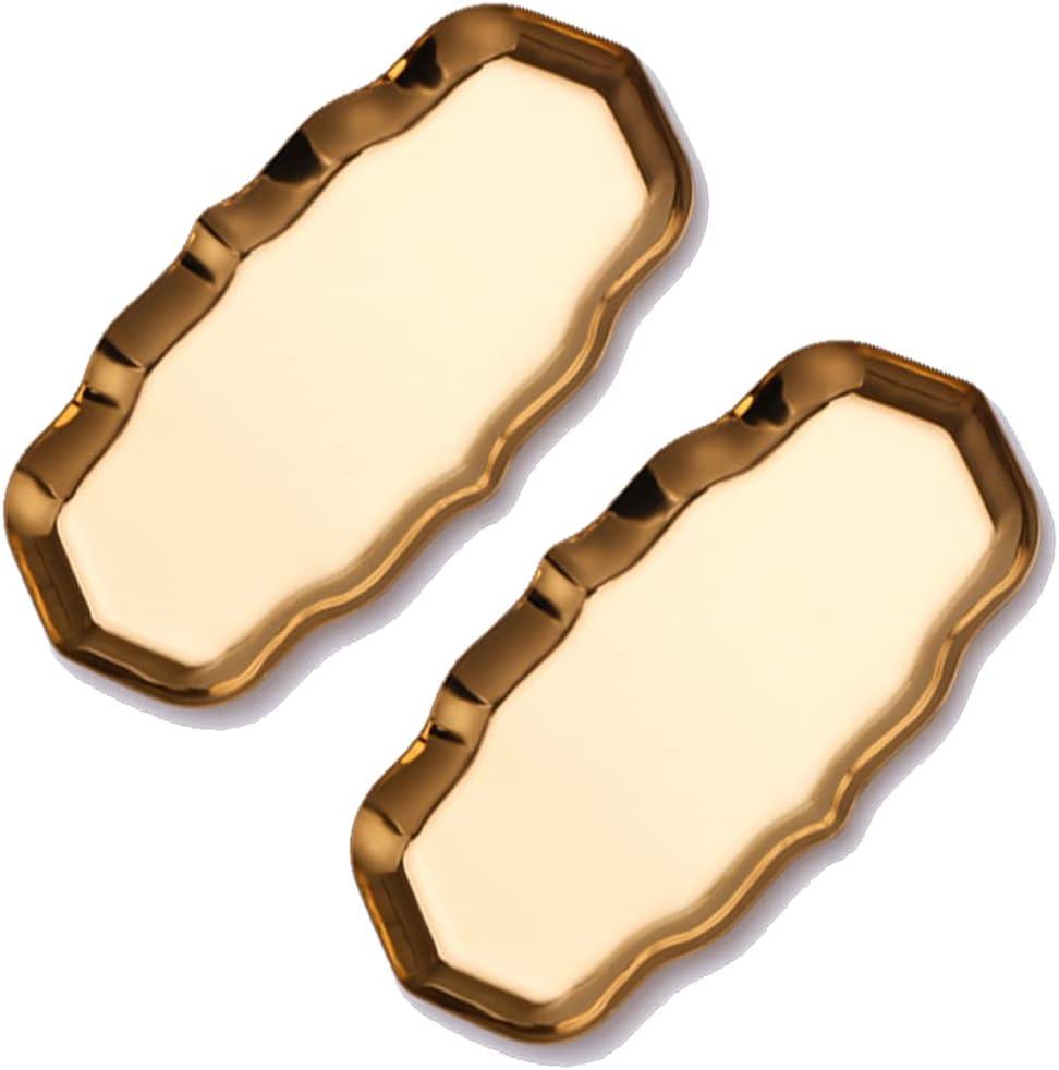 2 Pack Oval Golden Tray, 9 Inch Long Decorative Metal Tray with Curved Lip and Irregular Lacy Edge, Gold Brass Serving Platter Vanity Jewelry Tray for Dessert Table, Desktop, Bathroom