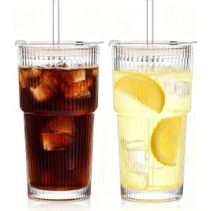 20oz Ribbed Glass Cups with Lids and Straws - 2PCS Glassware Set, Tumbler with Straw and Lid Iced Coffee Cups for Juice, Bubble Tea, Cold Brew, Soda
