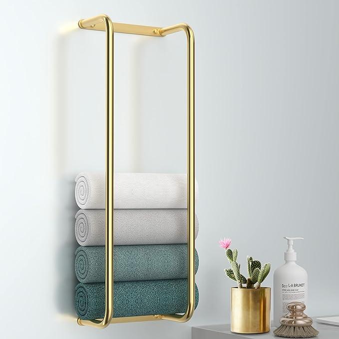 Towel Rack for Bathroom Wall Mounted, Bathroom Towel Storage, Rolled Bath Towel Holder, Small Space Bathroom Towel Storage, Bathroom Organizer - Brushed Gold