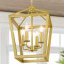 Gold Chandelier 4-Light, Farmhouse Pendant Light Fixture Adjustable Height, Modern Dining Room Light Fixture, Lantern Ceiling Hanging Lighting with Metal Cage for Kitchen Island Entryway Foyer