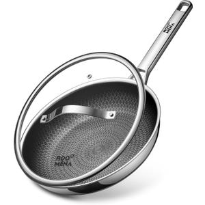 Frying Pans Non Stick, Hybrid Ceramic With Lid, 12 Inch Tri-Ply Stainless Steel Skillet, Non-Toxic, PFAS/PFOA/PTFE Free, Metal Utensil Safe, Dishwasher & Oven Safe