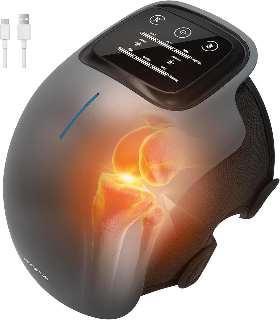 Medcursor Knee Massager with Heat, Cordless Heated Knee Massage for Pain Relief with 3 Heating Levels, 3 Vibration Modes, LED Screen, Adjustable Straps, Gift for Men and Women (Gray)