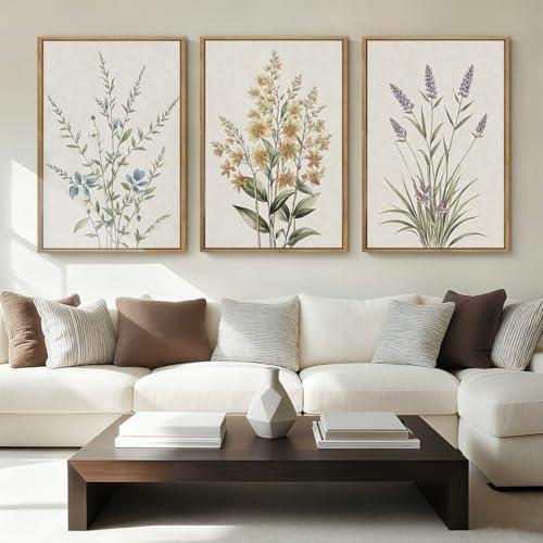 Anyzal Large Framed Botanical Wall Art 16x24 Inch Modern Floral Canvas Art Prints Neutral Beige Wildflower Wall Decor for Living Room Bedroom Dining Room Office Set of 3