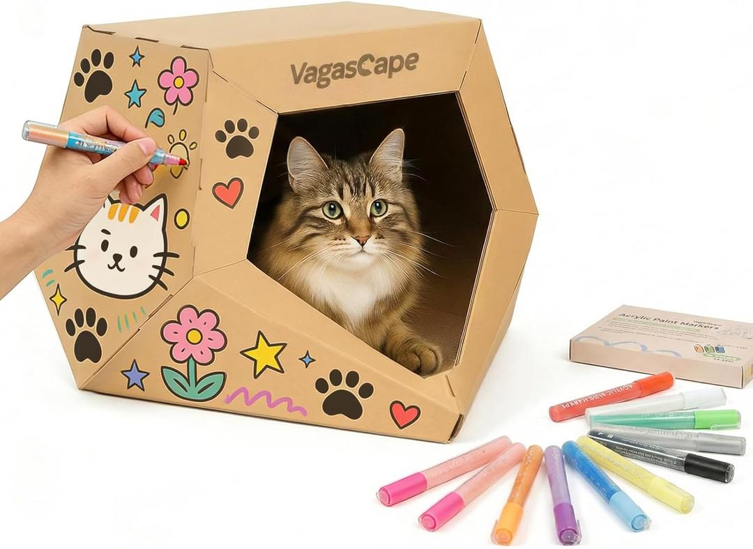 DIY Cardboard Cat House with 10 Markers, Creative Cat Scratcher House Play Cave for Indoor Cats and Kittens, Washable Kraft Paper Cat Scratching House for Family Bonding and Pet Relaxation
