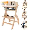 Abiie Beyond Junior Wooden High Chair with Tray - Adjustable and Convertible High Chair for Babies and Toddlers - 6 Months to 250 Lb - Water Resistant - Natural Wood with Beige Cushion