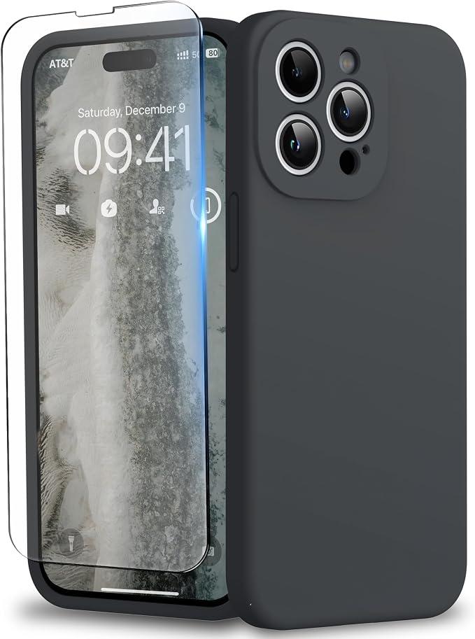 Compatible with iPhone 15 Pro Case, Liquid Silicone Upgraded Camera Protection Case with Screen Protector Soft Microfiber Lining Shockproof Protective Phone Cover 6.1", Dark Gray