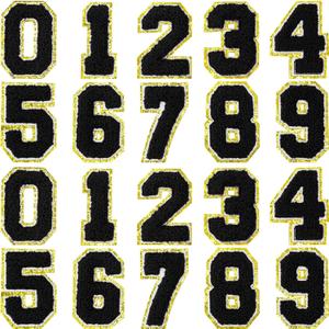 20 Pcs 3.15 in Chenille Iron on Numbers Embroidery Patches with Glitter Sequins Sew 0-9 Applique for Team Uniform Sports T-Shirt Football Jeans Bags Decors(Black)