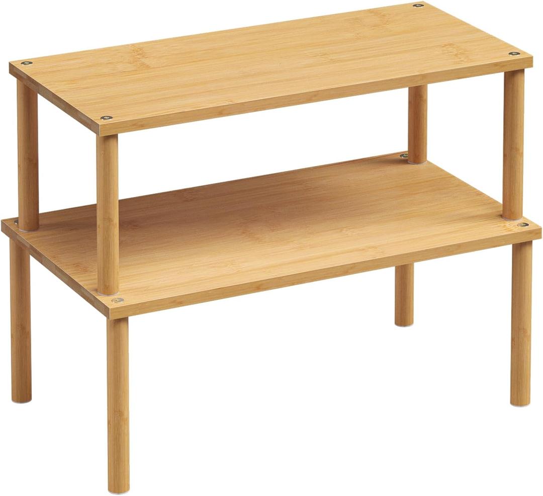 VERTORGAN Cabinet Organizer Shelf(Set of 2),Kitchen Counter Shelves,Bamboo Stackable Expandable Spice Rack Countertop(Large) (15.8"W, Natural)
