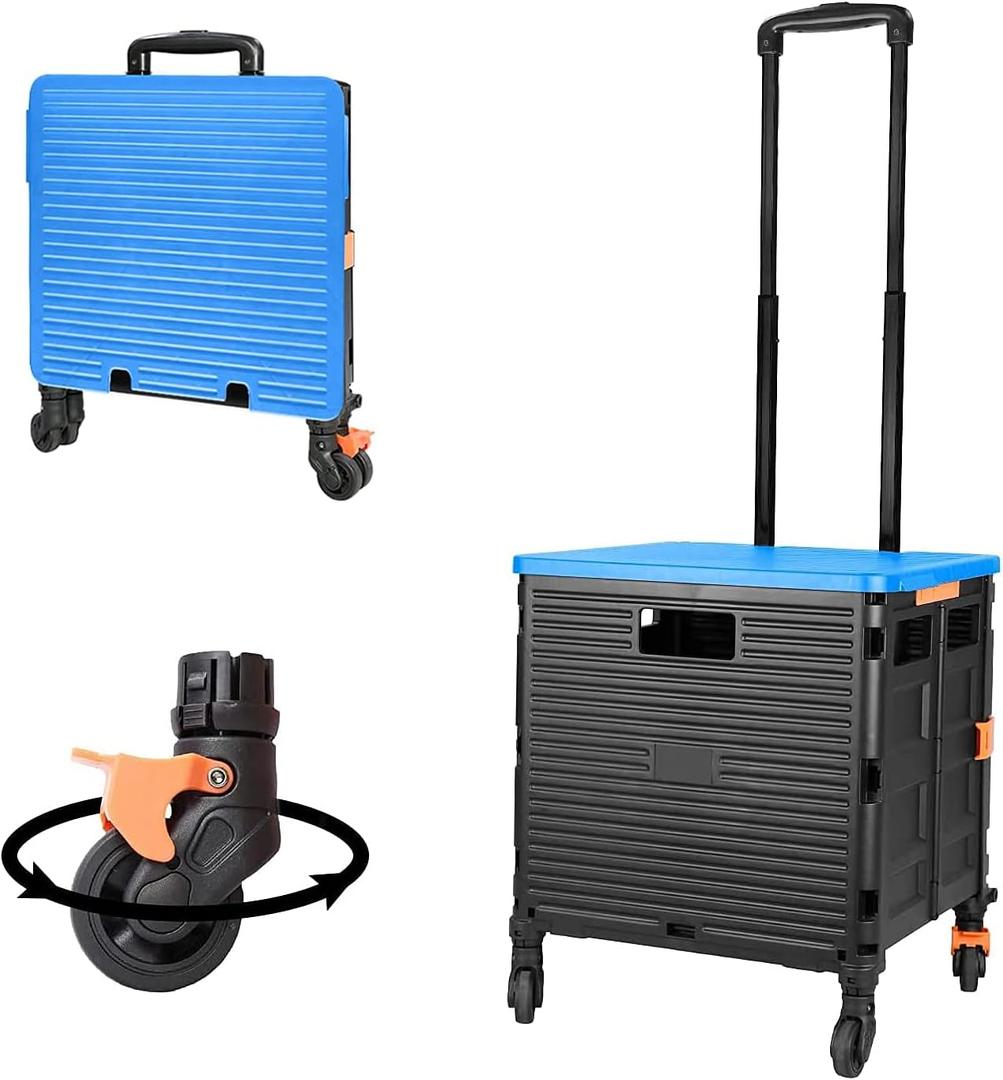 FELICON SELORSS Foldable Utility Cart Folding Portable Rolling Crate Handcart with Heavy Duty Telescoping Handle Collapsible 4 Rotate Wheels for Travel Shopping Move Luggage Office Use(Black+Blue)