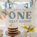 One Funny Goose High Chair Banner - One Silly Goose Birthday Highchair Banner,Blue Gingham Style 1st Birth Yarn Tassel Banner for Boys