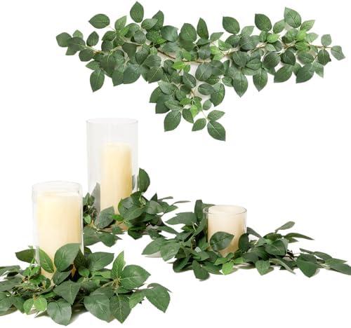 Ling's moment Artificial Patina Rose Leaf Greenery Garland - 6 Pack, Candle Vines, Splicable 2.3ft Stems for Table Centerpieces, Lantern Rings, Backdrop Floral Arrangements & Wedding Arches