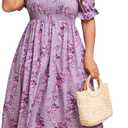 KOJOOIN Womens Puff Sleeve Summer Floral Dress Plus Size Smocked Ruffle Square Neck Casual Dress Cute Midi Dress (3X-Large, Purple Flower)