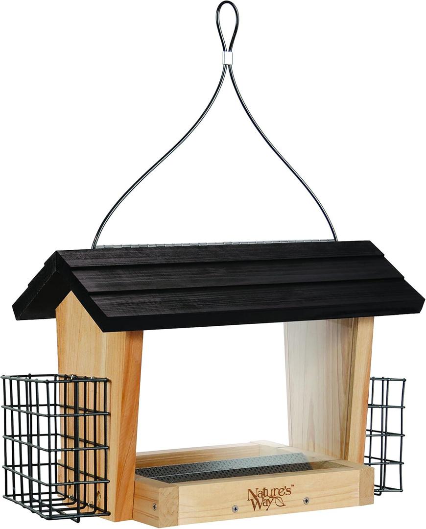 Nature's Way CWF19 Cedar Hopper Bird Feeder with Suet Cage, 6-Quart