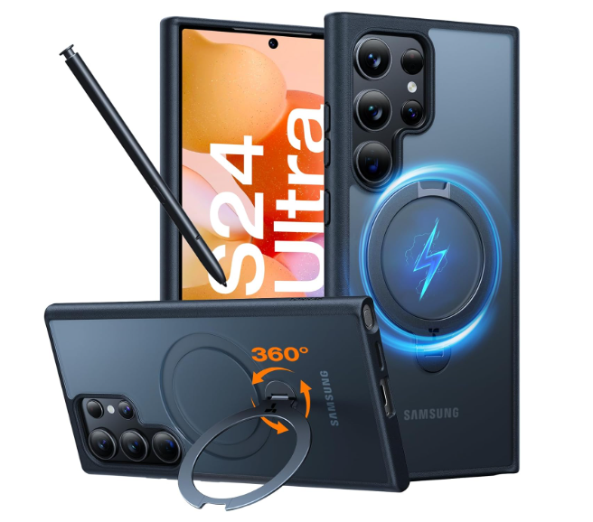 TORRAS 360 Spin Magnetic Stand for Samsung Galaxy S24 Ultra Case [Fit for Magsafe] Military Grade Shockproof Slim Protective S24 Ultra Case with Kickstand & Ring Holder, Ostand 360 Spin, Black