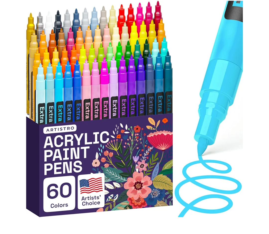 ARTISTRO 60 Acrylic Paint Pens, Art Set Acrylic Paint Markers, Fabric Markers for Textile, Canvas, Rock, Glass, Wood, Paper, Pumpkin, DIY, Paint Markers for Kids and Adults